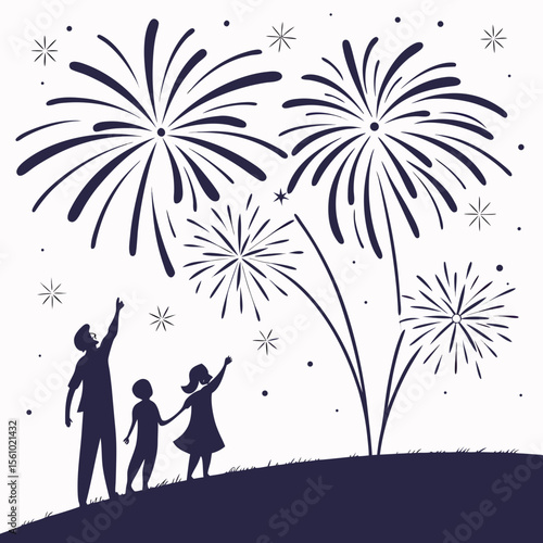 Family watching fireworks celebration night