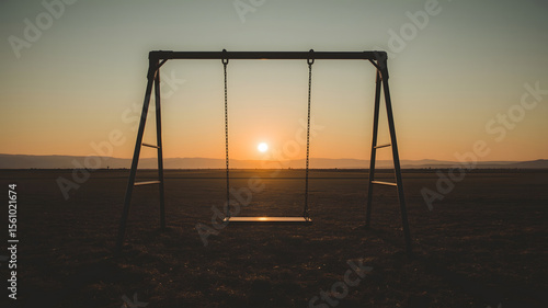 An empty wooden swing set overlooks the serene beach as the sun dips below the horizon, inviting memories of childhood play and summer fun