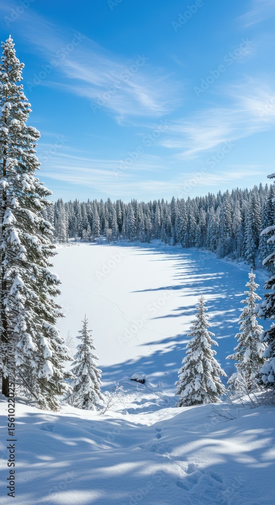 Obraz premium Snowy Winter Forest Landscape with Frosted Trees Under Bright Blue Sky