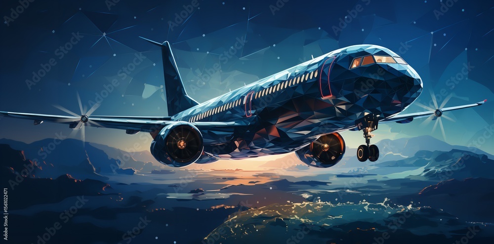 Fototapeta premium Low-Poly Airplane Flying in Space – Vector Illustration.
