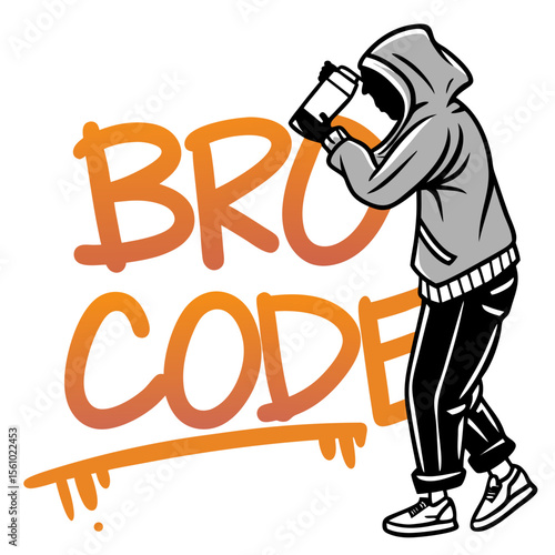 Graffiti artist creating bro code lettering spray paint