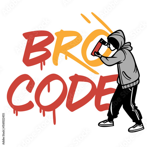 Graffiti artist spraying bro code lettering spray paint