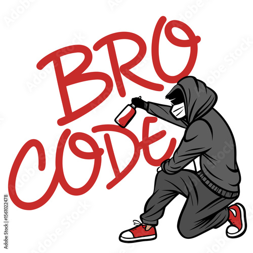 Graffiti artist creating bro code lettering spray paint