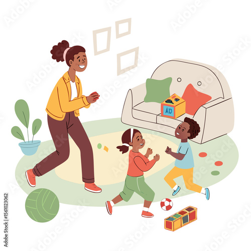 Mother and children playing with toys indoors family