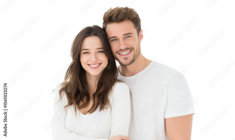 A joyful couple stands closely together. smiling at the camera. showcasing a casual and intimate moment in a bright. minimalist studio setting. perfect for relationship-themed content A joyful couple stands closely together. smiling at the camera. showcasing a casual and intimate moment in a bright. minimalist studio setting. perfect for relationship-themed content