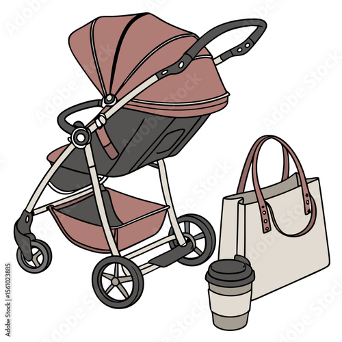 Rose gold stroller with diaper bag and coffee cup baby
