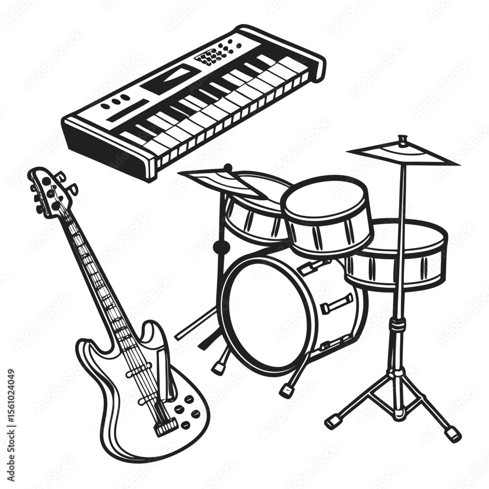 Naklejka premium Black and white musical instruments ensemble guitar