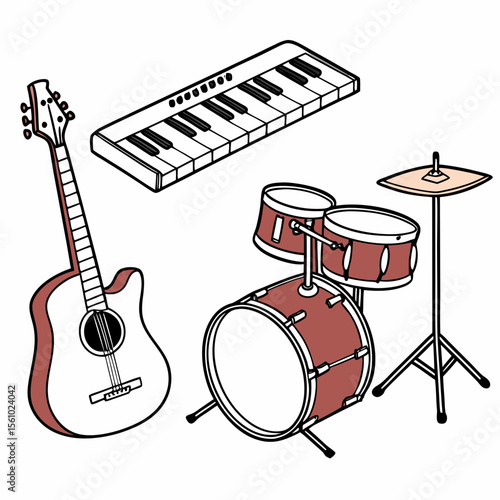Acoustic guitar keyboard drum set cymbal musical instruments