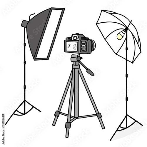 Photography studio setup with camera and lighting tripod