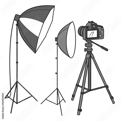 Photography studio equipment with lights and camera