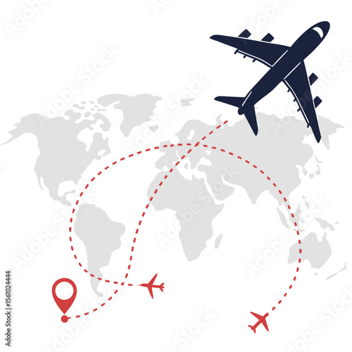 Dark blue airplane flying over world map with red dotted flight paths