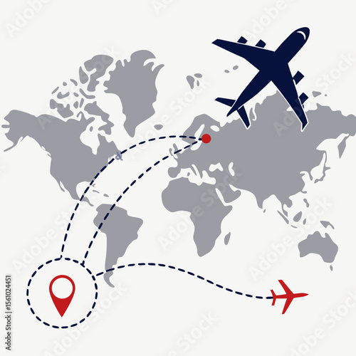 Dark blue airplane flies across grey world map with red pin