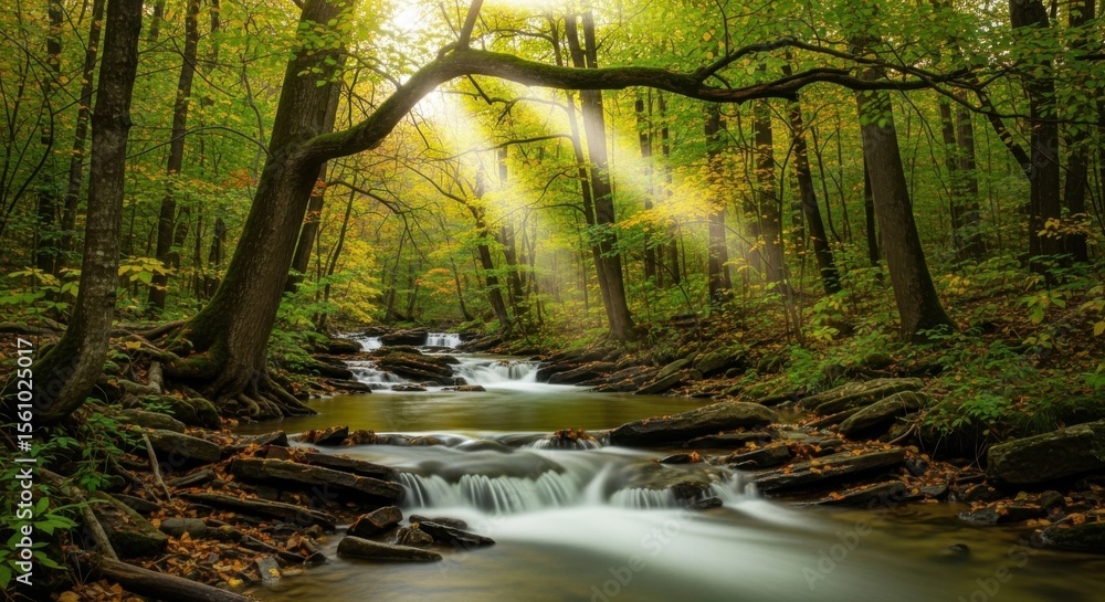 Obraz premium Serene Woodland Stream with Sunbeams Filtering Through Autumn Trees