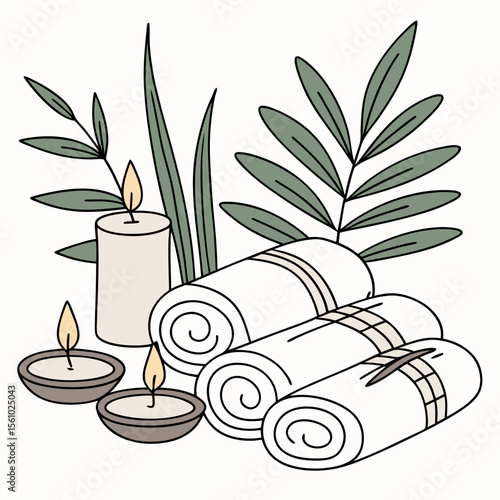 Spa relaxation with candles and rolled towels wellness