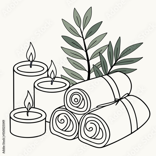 Spa day candles and rolled towels with green leaves