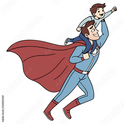 Father and son flying superhero cape