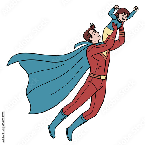 Father lifting child in superhero pose flying