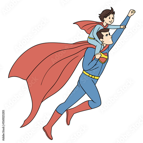 Father and son flying in superhero costumes vector