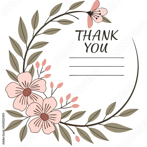 Floral wreath thank you card with pink flowers vector