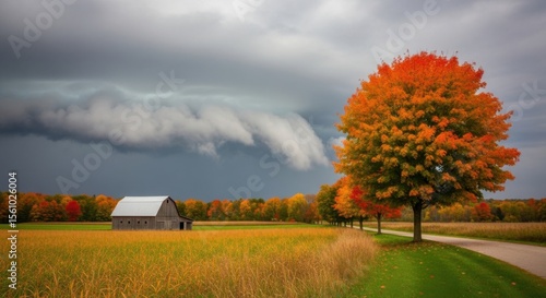 Autumn storm approaches rural barn and colorful trees on a sunny day