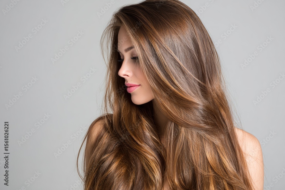 Naklejka premium A woman with long flowing brunette hair styled over her shoulder captured in a studio profile