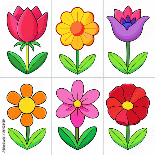 Collection of six colorful cartoon flowers with green leaves and stems