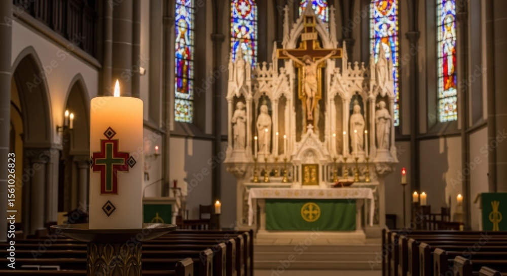 Obraz premium Interior of a grand cathedral with a large candle in the foreground and a beautifully ornate altar in the background