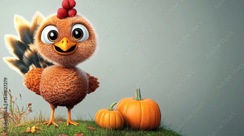 Fototapeta premium A friendly cartoon chicken stands with pumpkins on grass