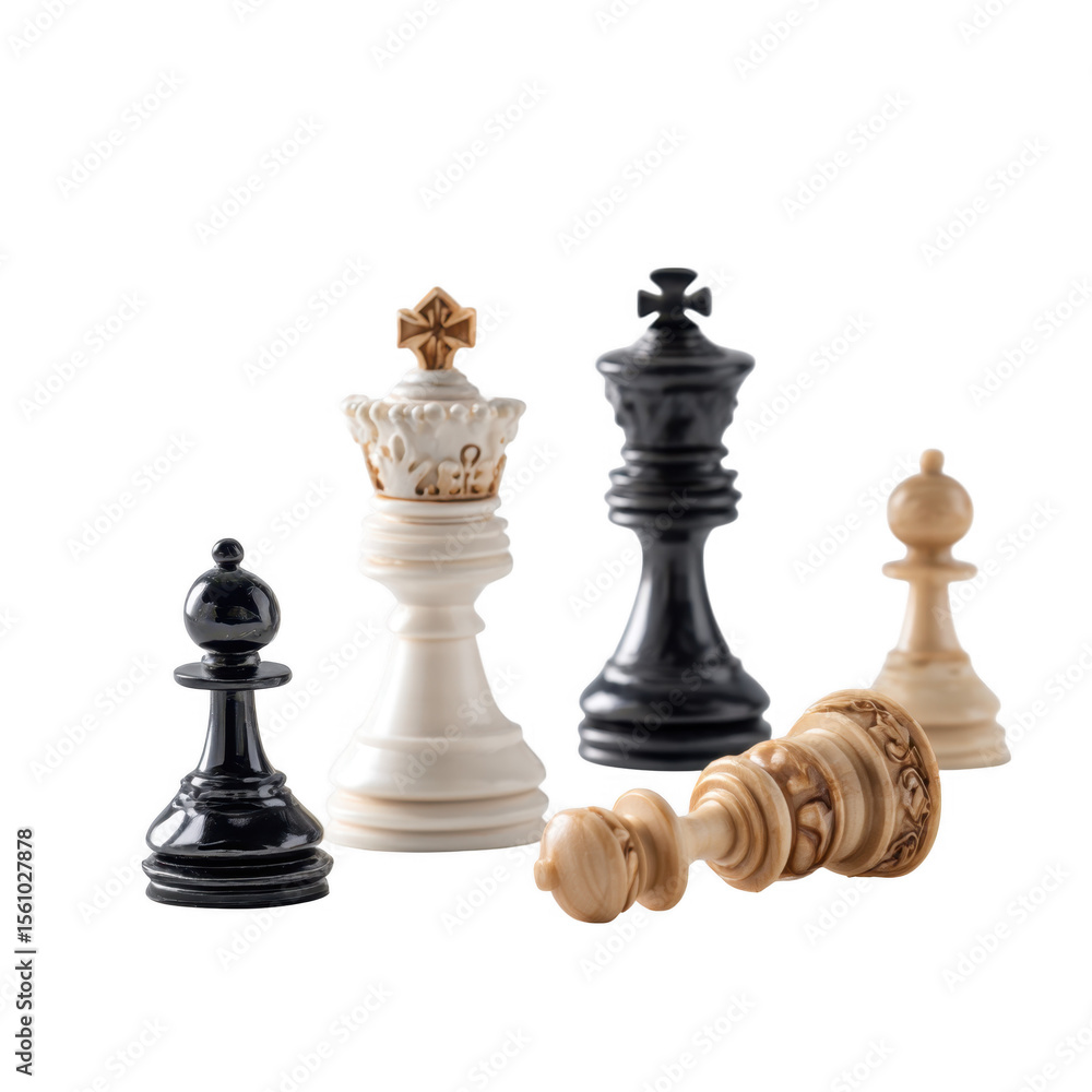 A close-up view of an elegant chess set featuring a black and white king. queen. and pawns. arranged artistically on a clean. minimalistic background. ideal for strategic game promotion A close-up view of an elegant chess set featuring a black and white king. queen. and pawns. arranged artistically on a clean. minimalistic background. ideal for strategic game promotion