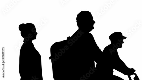 Silhouette of woman and two men one on bicycle and other with backpack against a white background view