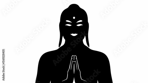Silhouette of a buddha figure with hands in prayer position and a dot on the forehead in black and white