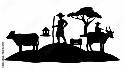 Silhouette of rural scene with farmers, cows, a tree, and a small house on a hill landscape view