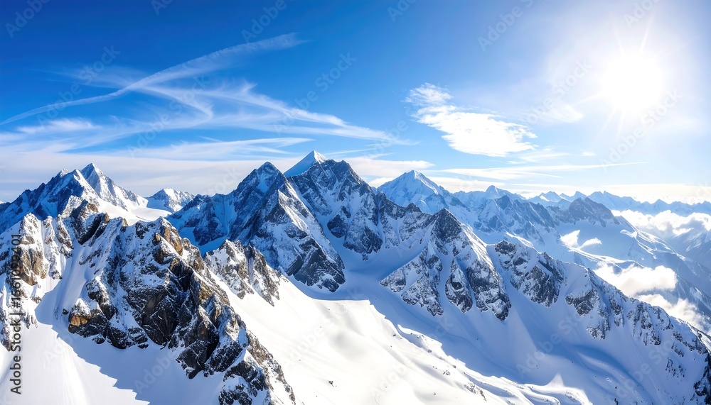 Obraz premium Majestic snowcovered mountain range under a bright blue sunny sky with scenic landscape.