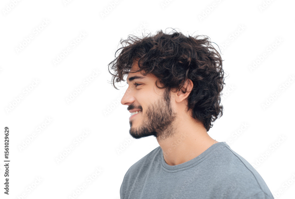 Fototapeta premium Profile view of a young man with curly hair and a beard. smiling gently against a plain background. conveying a sense of confidence and approachability. suitable for lifestyle or portrait photography