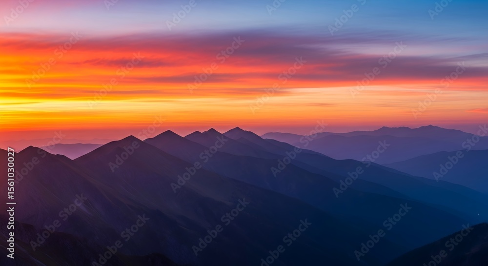 Fototapeta premium Breathtaking vista of mountain range silhouettes bathed in the warm glow of a vibrant sunrise sky with orange, red, and blue hues.