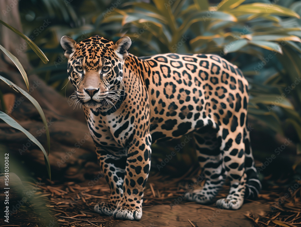 Obraz premium Jaguar standing in dense jungle, natural background, earthy colors
