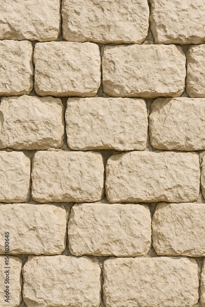 Fototapeta premium Close-up view of a beige stone wall with rough textured blocks arranged in a uniform pattern, ideal for architectural backgrounds, construction details, and rustic surface design concepts