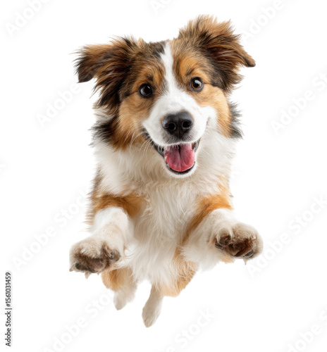 A joyful. playful dog leaps into the air against a clean white background. showcasing its energetic spirit and fluffy coat. perfect for pet-related content or advertisements