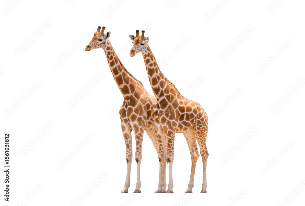 Obraz premium Two graceful giraffes standing side by side against a clean white background. showcasing their long necks and unique patterns. ideal for educational and wildlife-themed projects