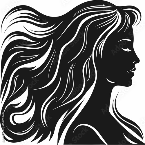 Beautiful young woman with long, flowing hair, an elegant silhouette, and a glamorous illustration style