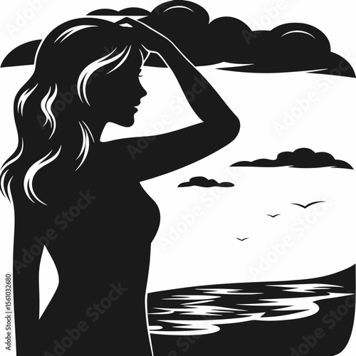 Beautiful young woman with long, flowing hair, an elegant silhouette, and a glamorous illustration style