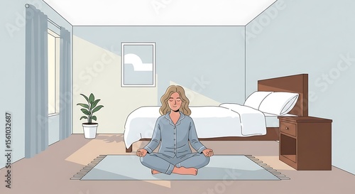 Calm Woman Meditating in Blue Pajamas on Rug in Bedroom