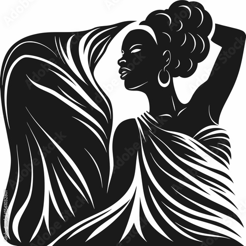 Beautiful young woman with long, flowing hair, an elegant silhouette, and a glamorous illustration style