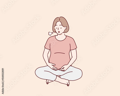 Pregnant woman practicing breathing exercises. She sits in a lotus pose and exhales. Breathing helps support health and well-being during pregnancy.Hand drawn style vector design illustrations.