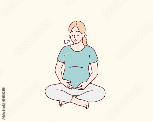 Pregnant woman practicing breathing exercises. She sits in a lotus pose and exhales. Breathing helps support health and well-being during pregnancy.Hand drawn style vector design illustrations.