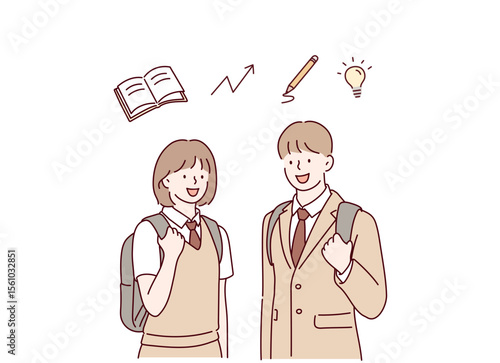 Male and Female Students in Uniforms Standing with Study Motivation. Hand drawn style vector design illustrations.