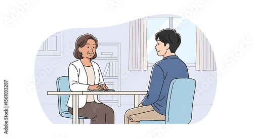 Mature Woman Meeting Young Man in Pale Blue Office Setting