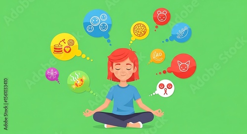 Meditating Woman with Red Hair Sitting with Thought Bubbles on Green Background