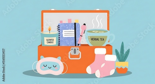Cozy Orange Box with Scented Candle, Tea, and Socks on Light Blue Background