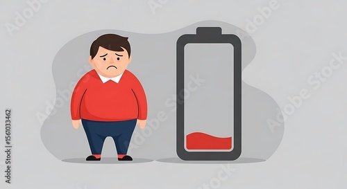 Sad Boy with Low Energy Battery Indicator on Gray Background